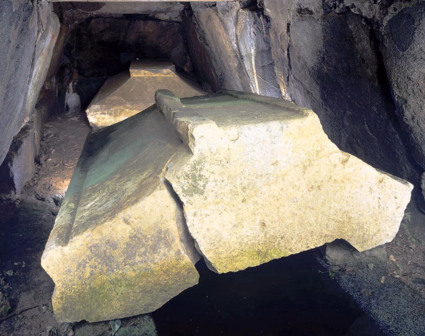 The twin house-shaped sarcophagi inside the burial chamber - Shobuike Kofun, Asuka-Fujiwara, Nara