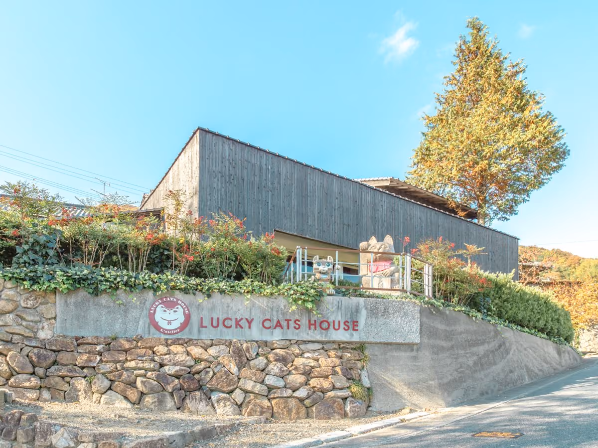 The LUCKY CATS HOUSE annex, a dark timber building above a stone wall with the annex name and a cat logo