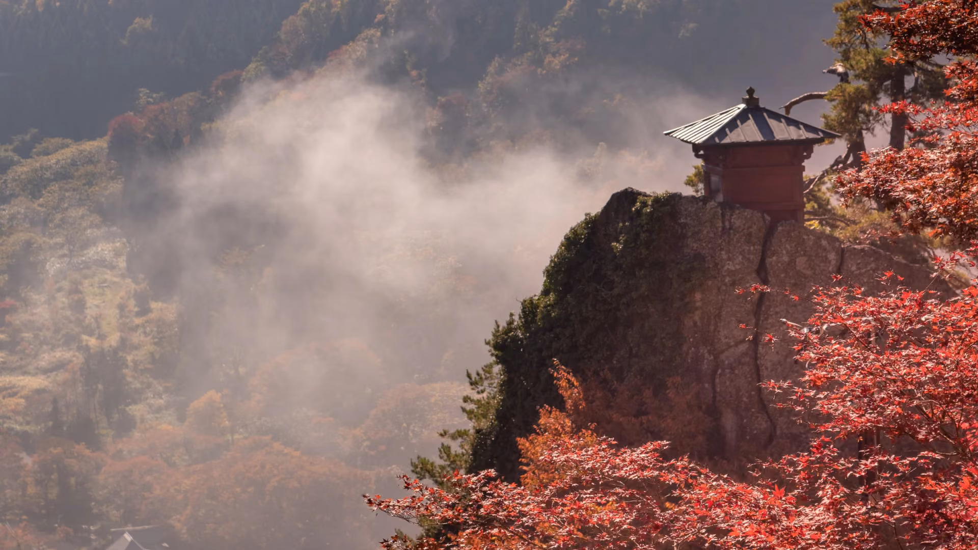 The Nokyodo amid autumn colour, Yamadera Risshakuji, Yamagata