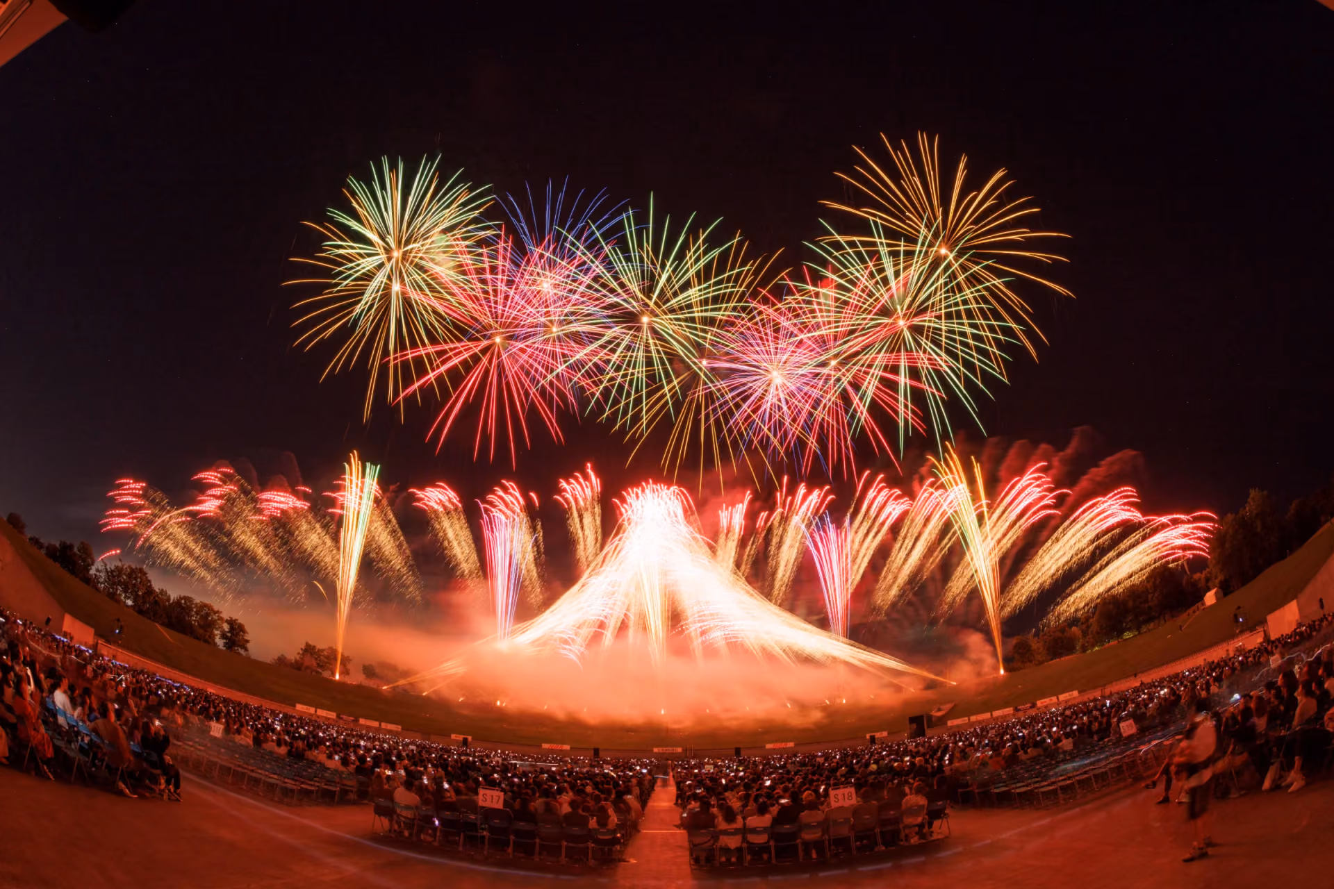 Doshin Akihanabi fireworks illuminate Sapporo's night sky above the Daiwa House Premist Dome