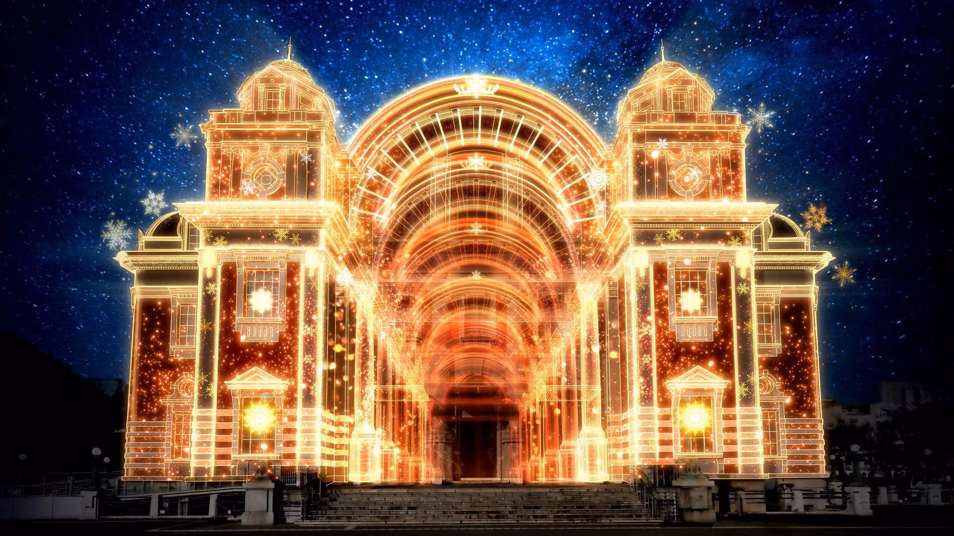Visual for the 2026 projection mapping on Osaka City Central Public Hall: the front of the building glowing with warm lights under a starry night sky