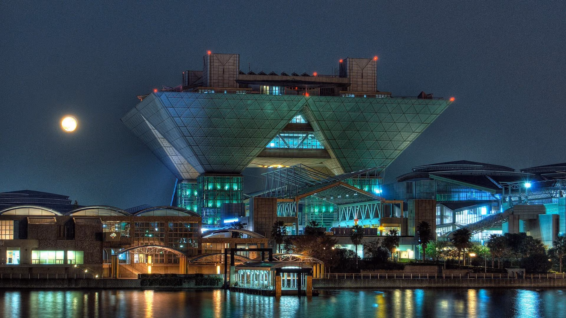 Tokyo Big Sight Exterior at night.