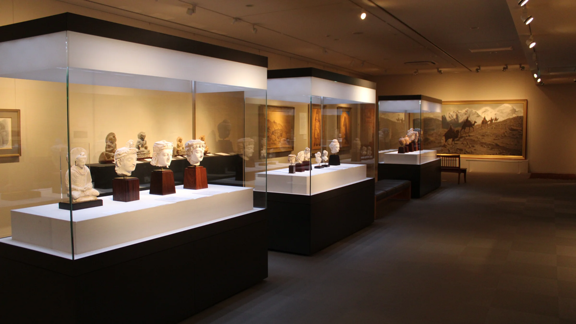Exhibition Room at the Hirayama Ikuo Silk Road Museum Showcasing Central Asian Buddha Heads