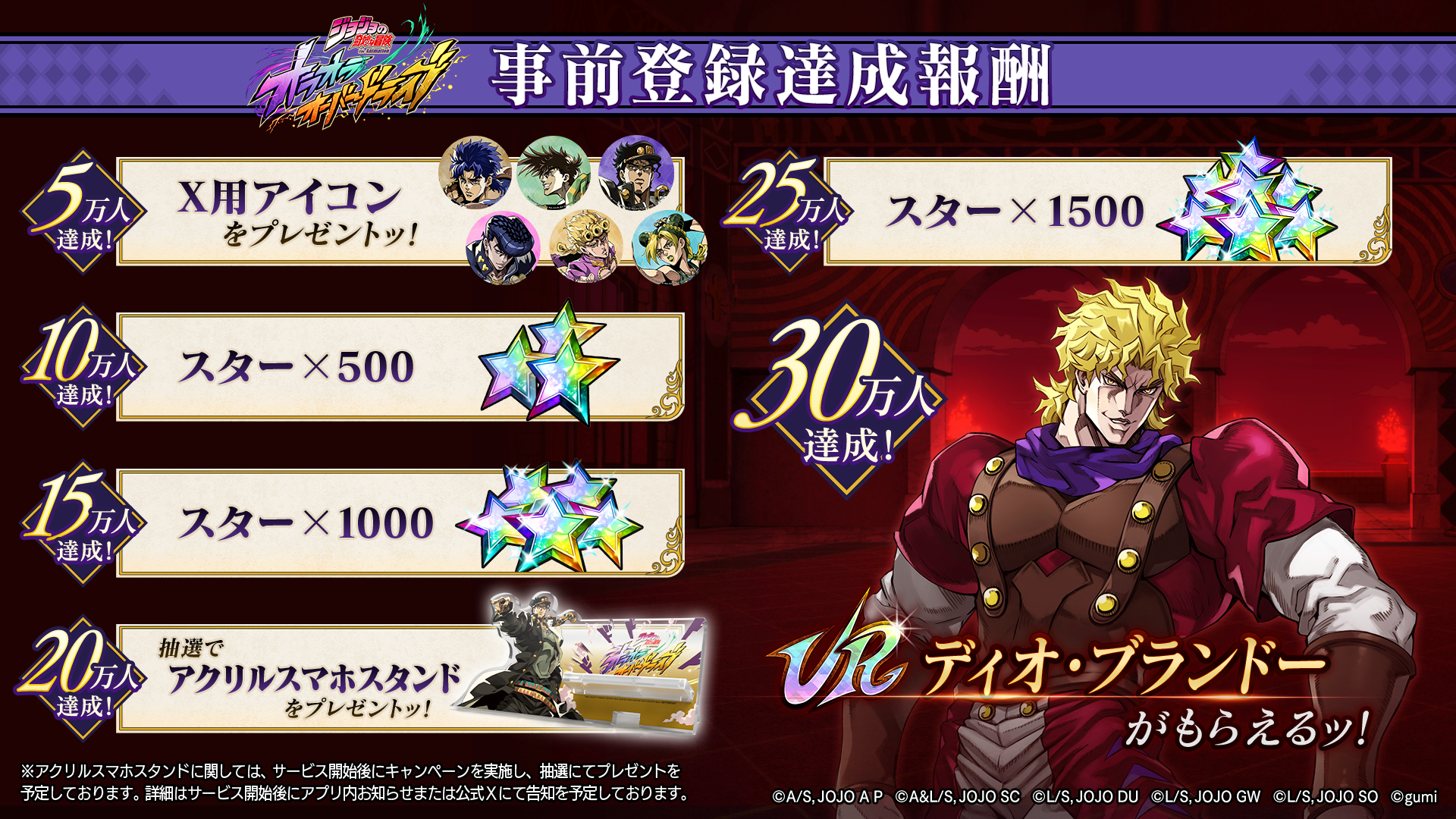 Pre-registration milestone rewards chart for JoJo's Bizarre Adventure: Ora Ora Overdrive, showcasing tier-based incentives including character icons, stars, and the featured UR unit Dio Brando. The promotional graphic displays reward tiers from 50,000 to 300,000 registrations, with the main prize being the "Emperor of Evil" Dio Brando character unit at the highest milestone.